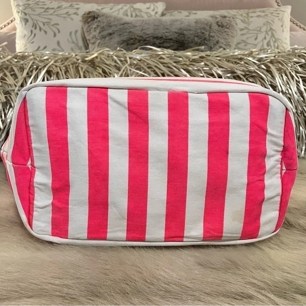 VICTORIA’S SECRET Beach Bag LARGE 2 Rope Handles Canvas Tote Black Pink Striped